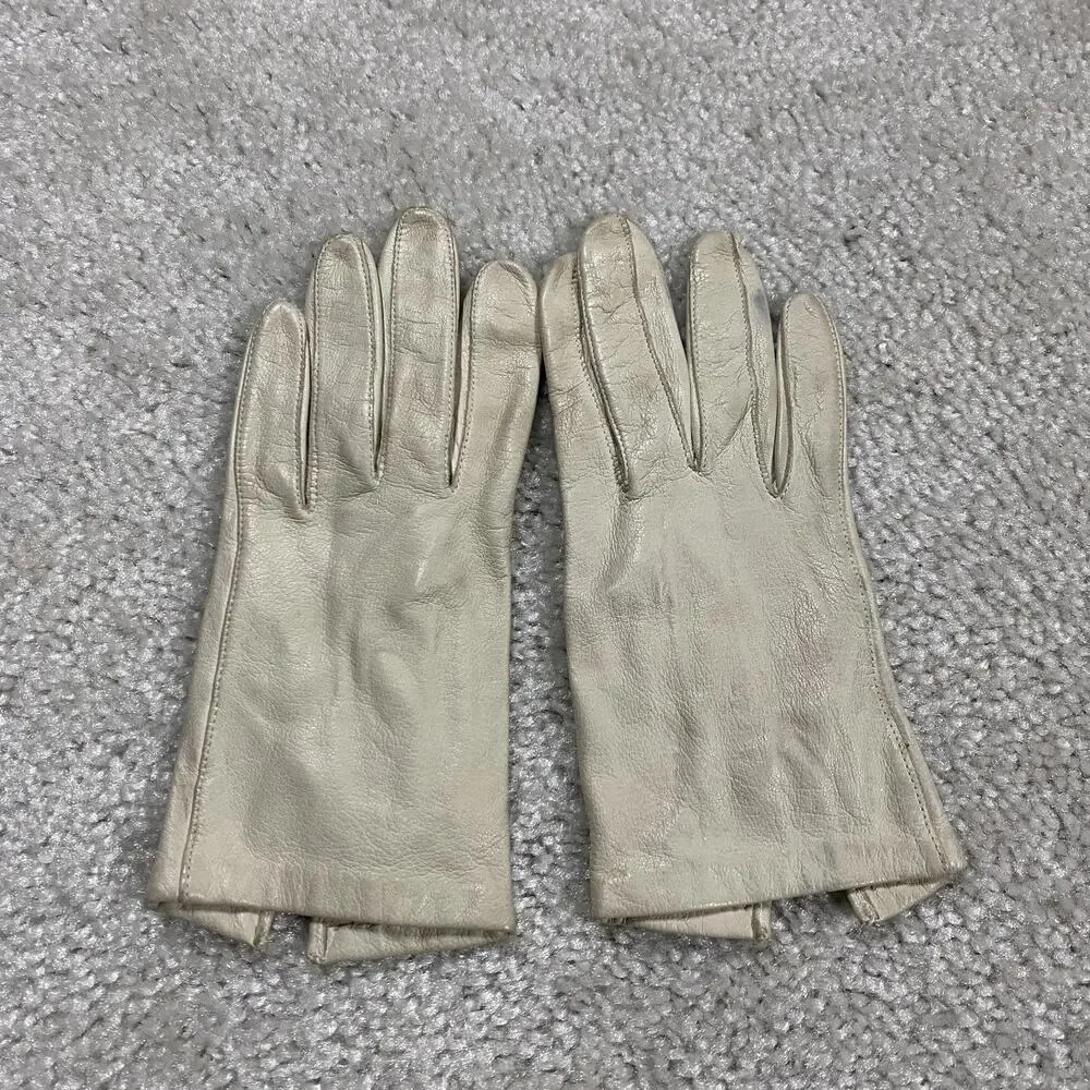 Vintage Miss Aris Dress Gloves Womens Size 6 Cream Feather Leather Silk Lined